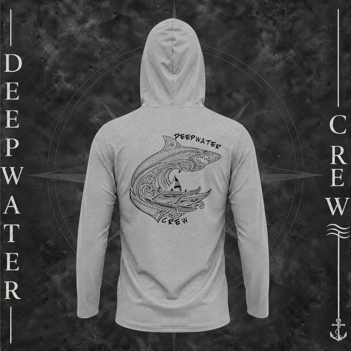Heather Grey Deepwater Crew Co. Deepwater Passage UPF 30 performance hoodie, back view with large patterned shark, outrigger canoe and ocean wave graphic with Deepwater Crew lettering.