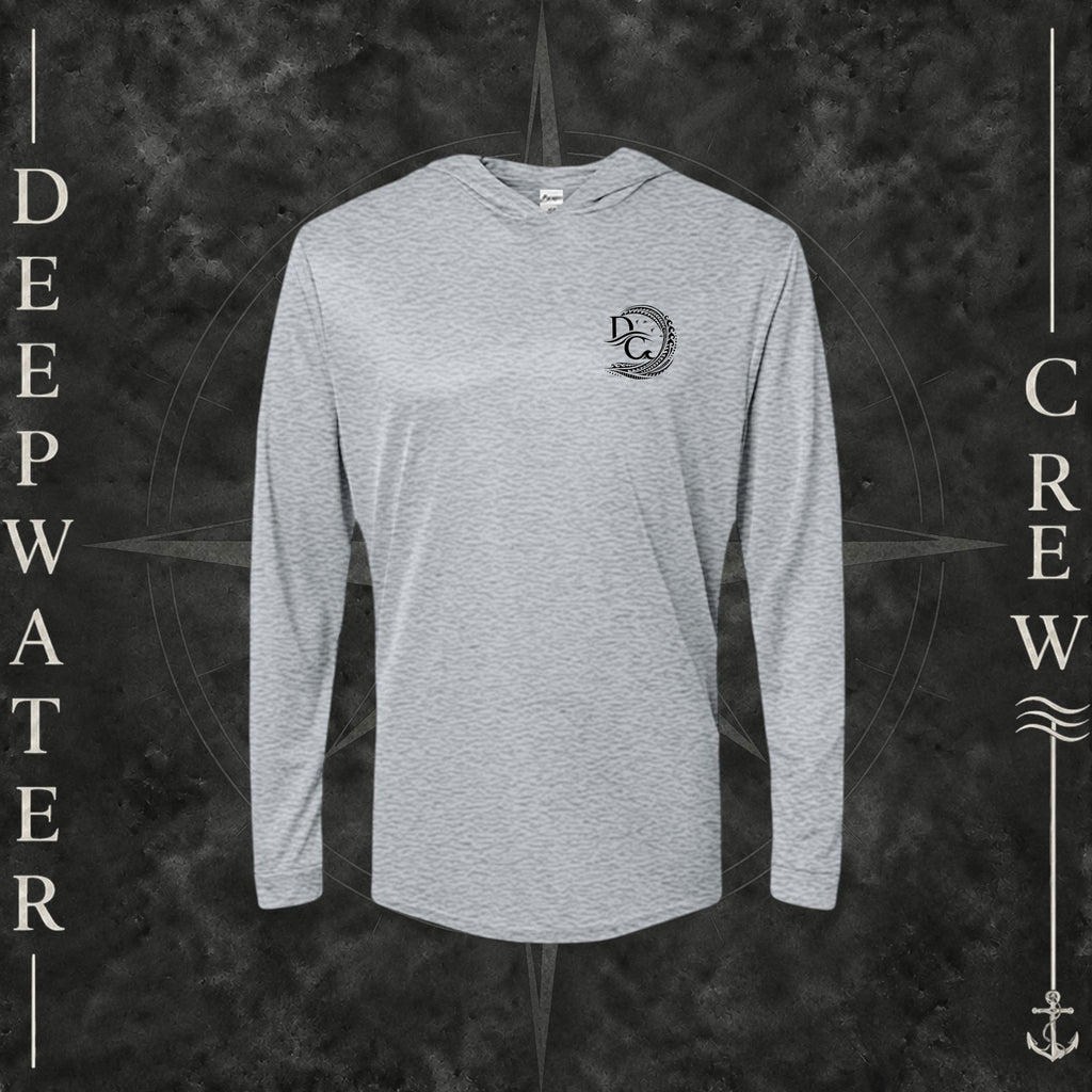 Heather Grey Deepwater Crew Co. Deepwater Passage UPF 30 performance hoodie, front view with small DC wave crest chest logo.