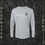 Heather Grey Deepwater Crew Co. Deepwater Passage UPF 30 performance hoodie, front view with small DC wave crest chest logo.