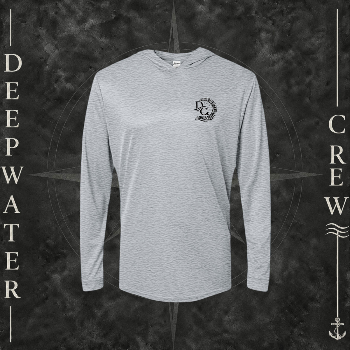 Heather Grey Deepwater Crew Co. Deepwater Passage UPF 30 performance hoodie, front view with small DC wave crest chest logo.
