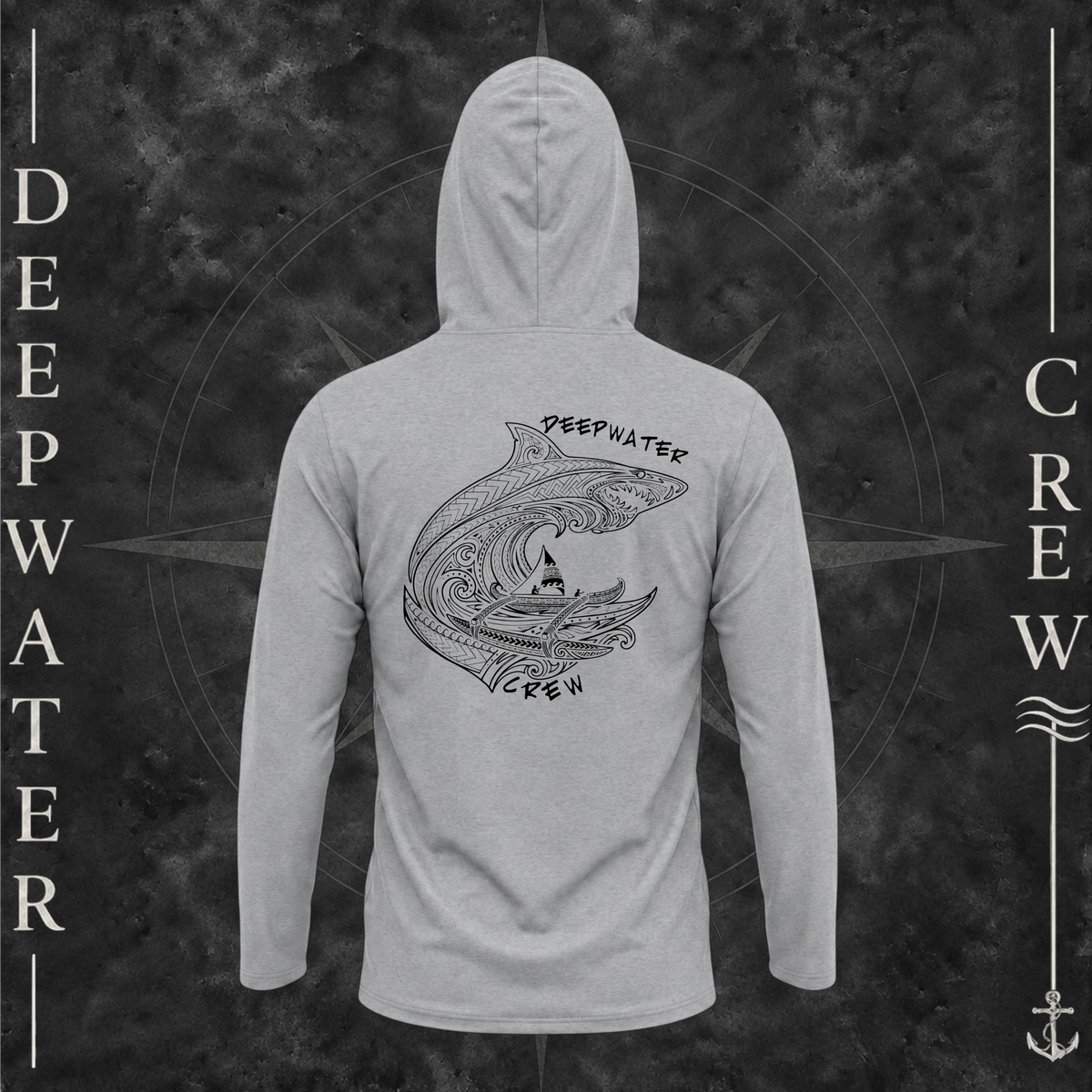 Medium Grey Deepwater Crew Co. Deepwater Passage UPF 50+ performance hoodie, back view with large patterned shark, outrigger canoe and ocean wave graphic with Deepwater Crew lettering.