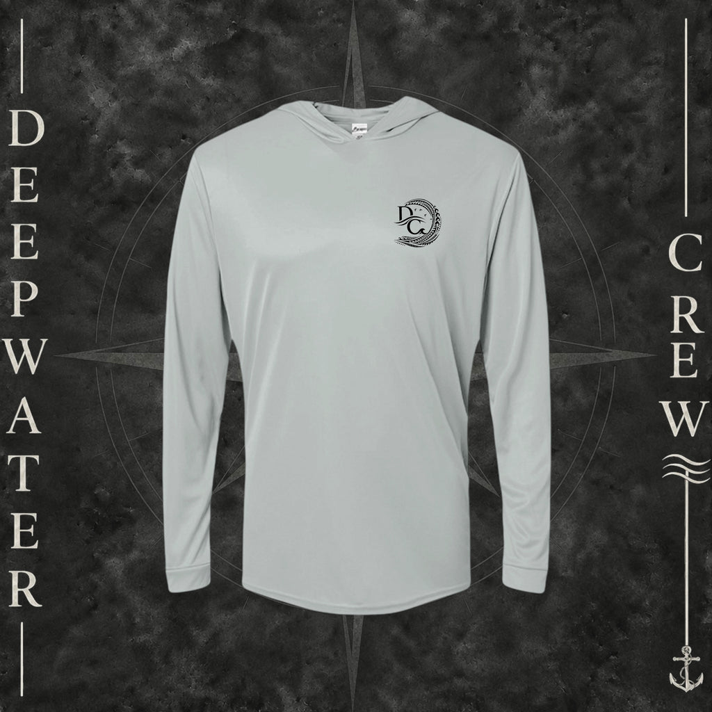 Medium Grey Deepwater Crew Co. Deepwater Passage UPF 50+ performance hoodie, front view with small DC wave crest chest logo.