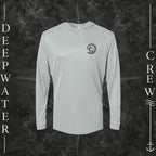 Medium Grey Deepwater Crew Co. Deepwater Passage UPF 50+ performance hoodie, front view with small DC wave crest chest logo.