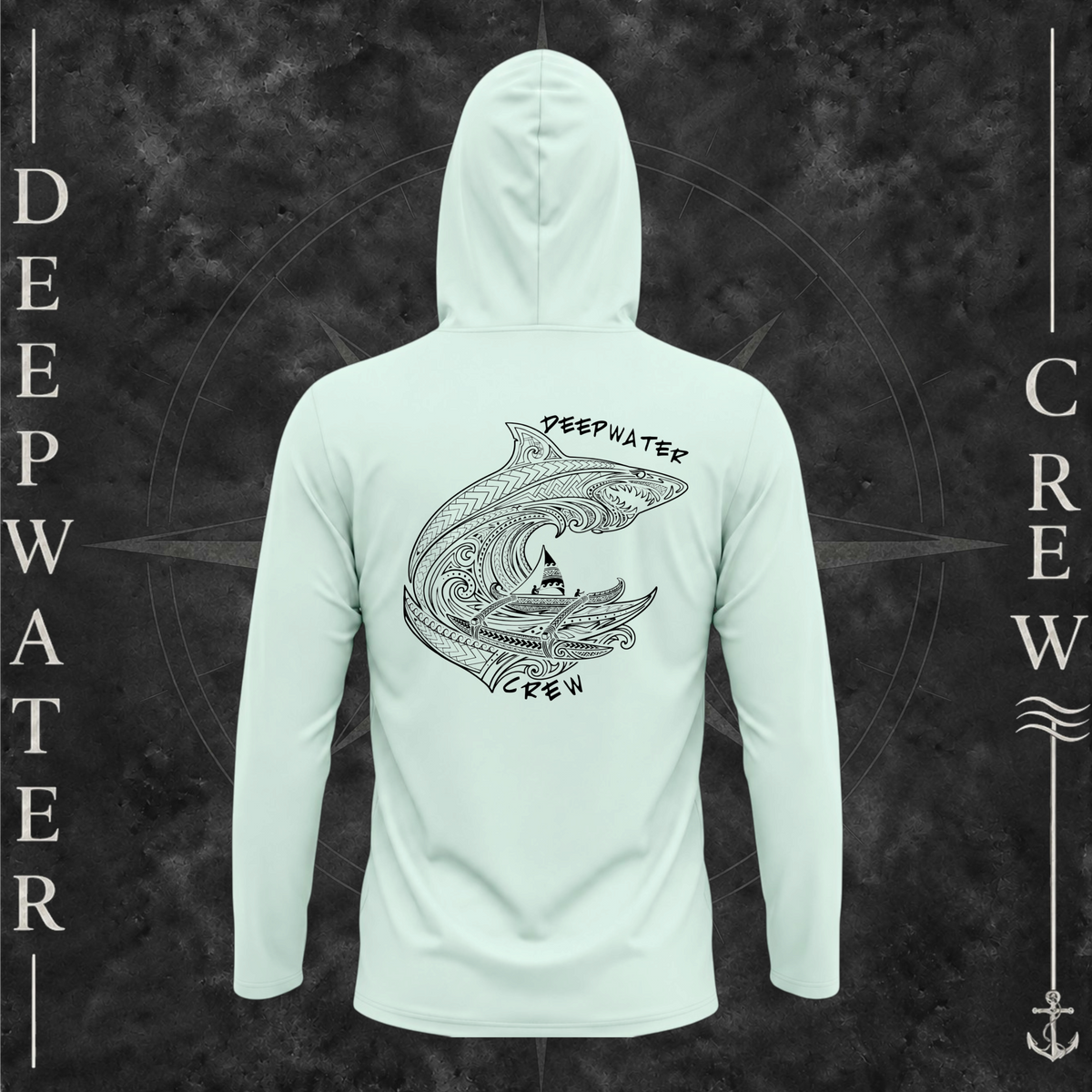 Mint Green Deepwater Crew Co. Deepwater Passage UPF 50+ performance hoodie, back view with large patterned shark, outrigger canoe and ocean wave graphic with Deepwater Crew lettering.