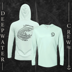 Mint Green Deepwater Crew Co. Deepwater Passage UPF 50+ performance hoodie showing front and back views, with small DC wave chest logo and large patterned shark, ocean wave, and outrigger canoe design with Deepwater Crew lettering.