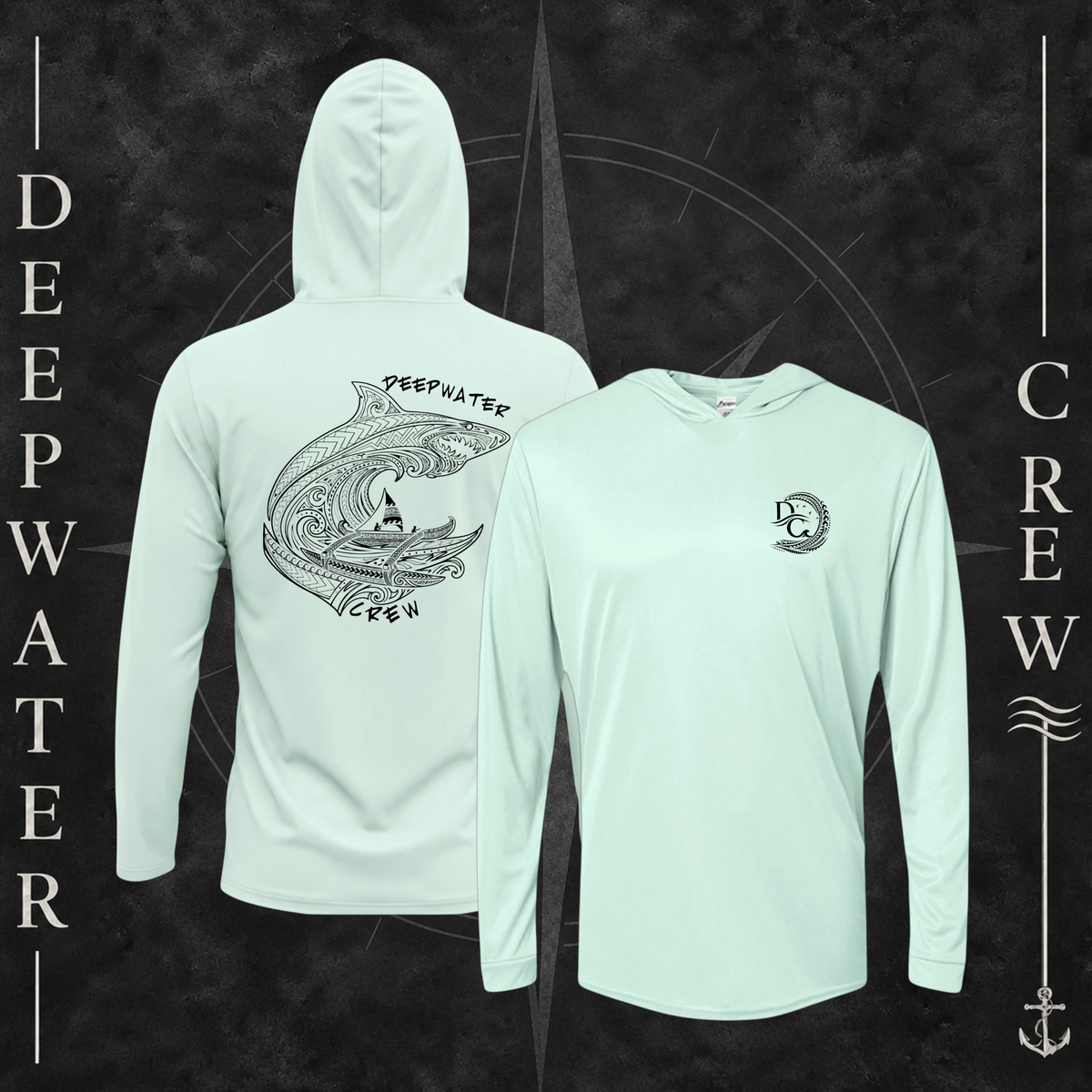 Mint Green Deepwater Crew Co. Deepwater Passage UPF 50+ performance hoodie showing front and back views, with small DC wave chest logo and large patterned shark, ocean wave, and outrigger canoe design with Deepwater Crew lettering.