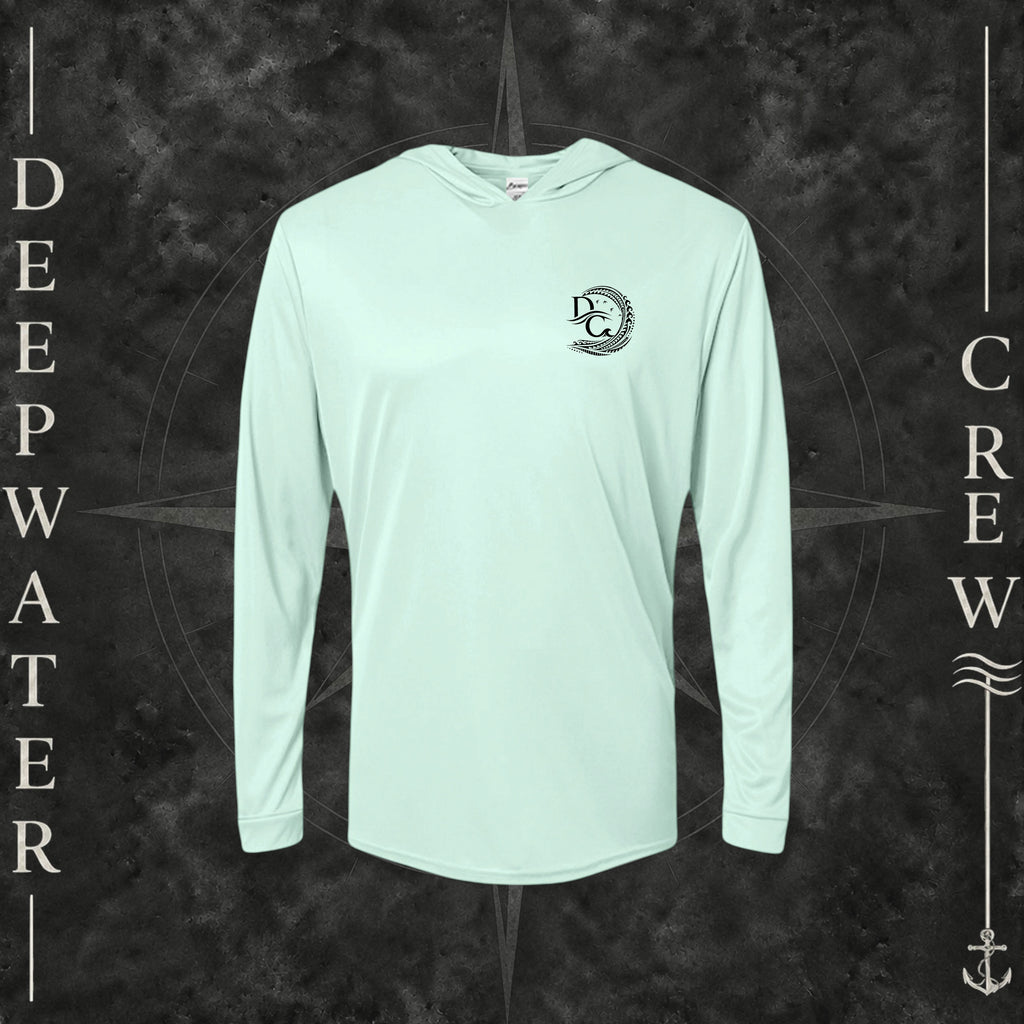 Mint Green Deepwater Crew Co. Deepwater Passage UPF 50+ performance hoodie, front view with small DC wave crest chest logo.