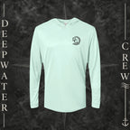 Mint Green Deepwater Crew Co. Deepwater Passage UPF 50+ performance hoodie, front view with small DC wave crest chest logo.