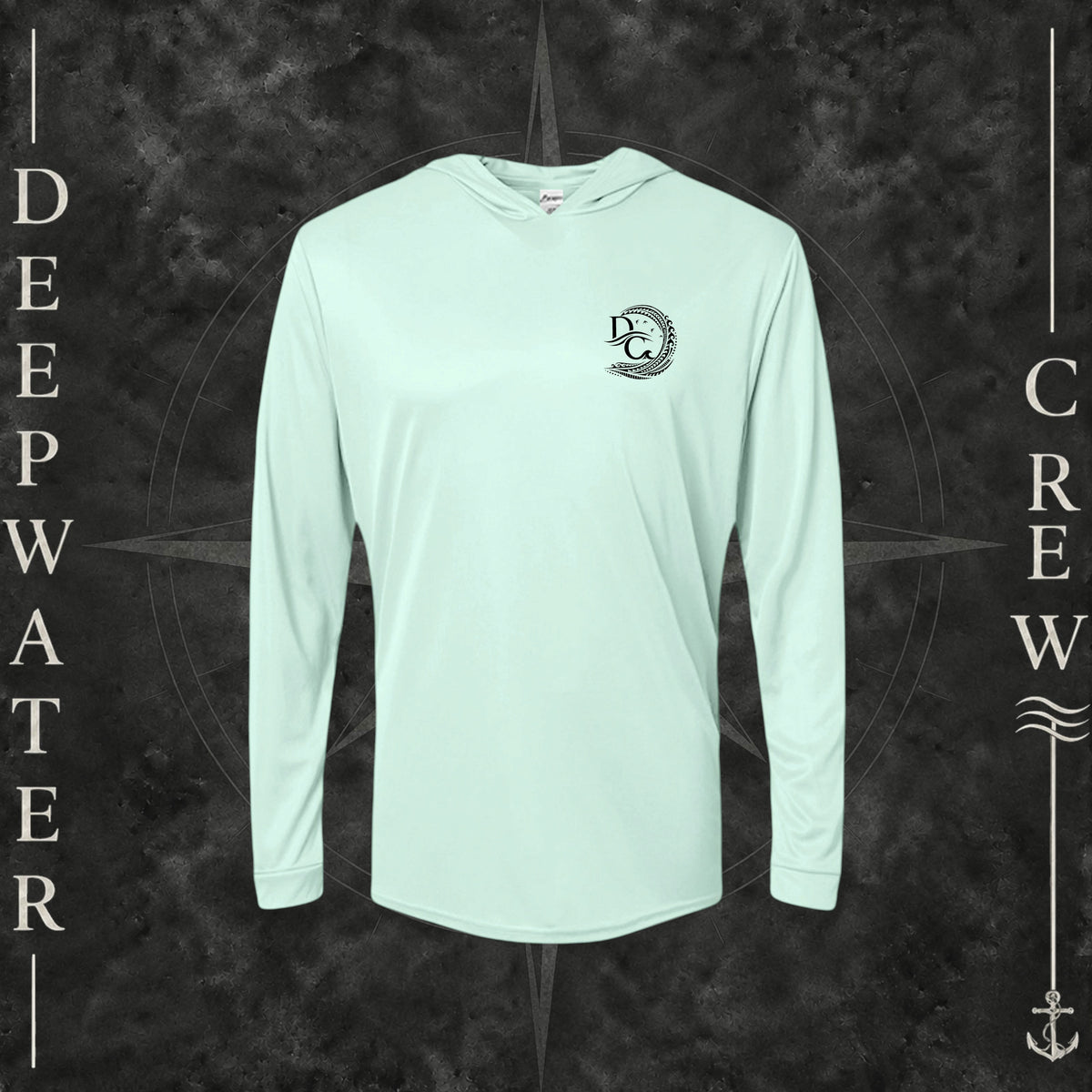 Mint Green Deepwater Crew Co. Deepwater Passage UPF 50+ performance hoodie, front view with small DC wave crest chest logo.
