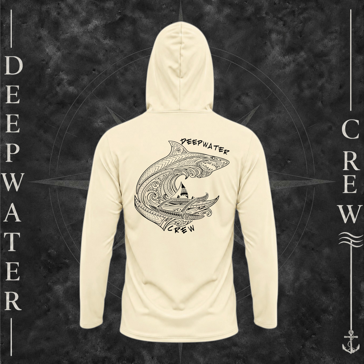 Pale Yellow Deepwater Crew Co. Deepwater Passage UPF 50+ performance hoodie, back view with large patterned shark, outrigger canoe and ocean wave graphic with Deepwater Crew lettering.