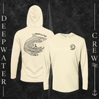 Pale Yellow Deepwater Crew Co. Deepwater Passage UPF 50+ performance hoodie showing front and back views, with small DC wave chest logo and large patterned shark, ocean wave, and outrigger canoe design with Deepwater Crew lettering.
