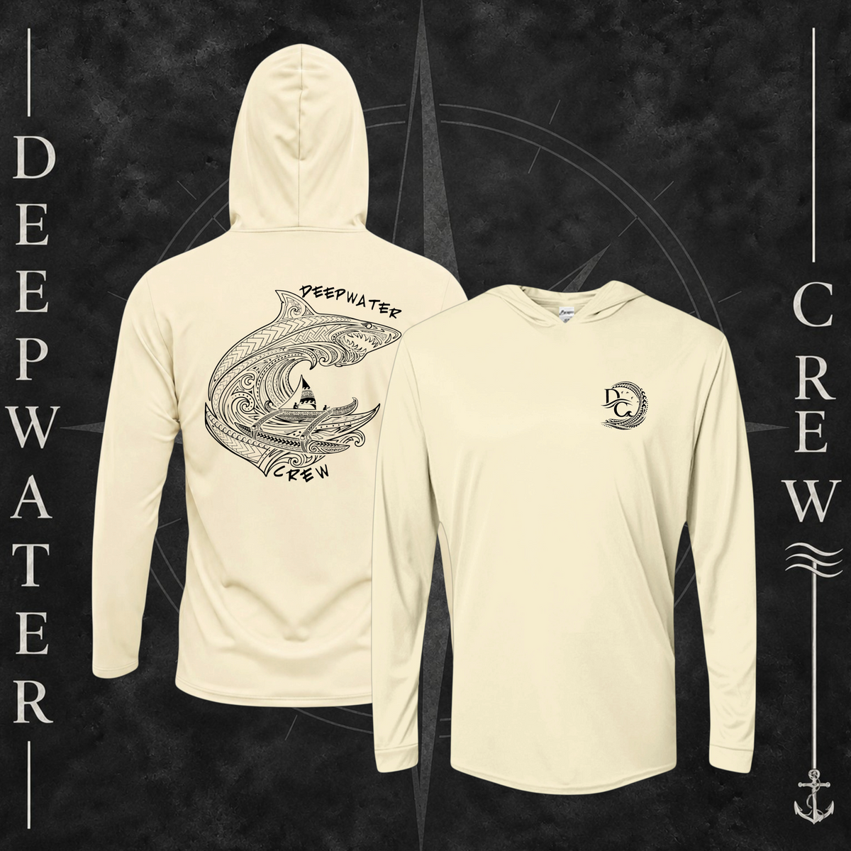 Pale Yellow Deepwater Crew Co. Deepwater Passage UPF 50+ performance hoodie showing front and back views, with small DC wave chest logo and large patterned shark, ocean wave, and outrigger canoe design with Deepwater Crew lettering.