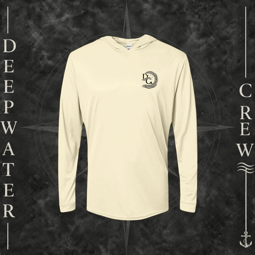 Pale Yellow Deepwater Crew Co. Deepwater Passage UPF 50+ performance hoodie, front view with small DC wave crest chest logo.