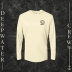 Pale Yellow Deepwater Crew Co. Deepwater Passage UPF 50+ performance hoodie, front view with small DC wave crest chest logo.
