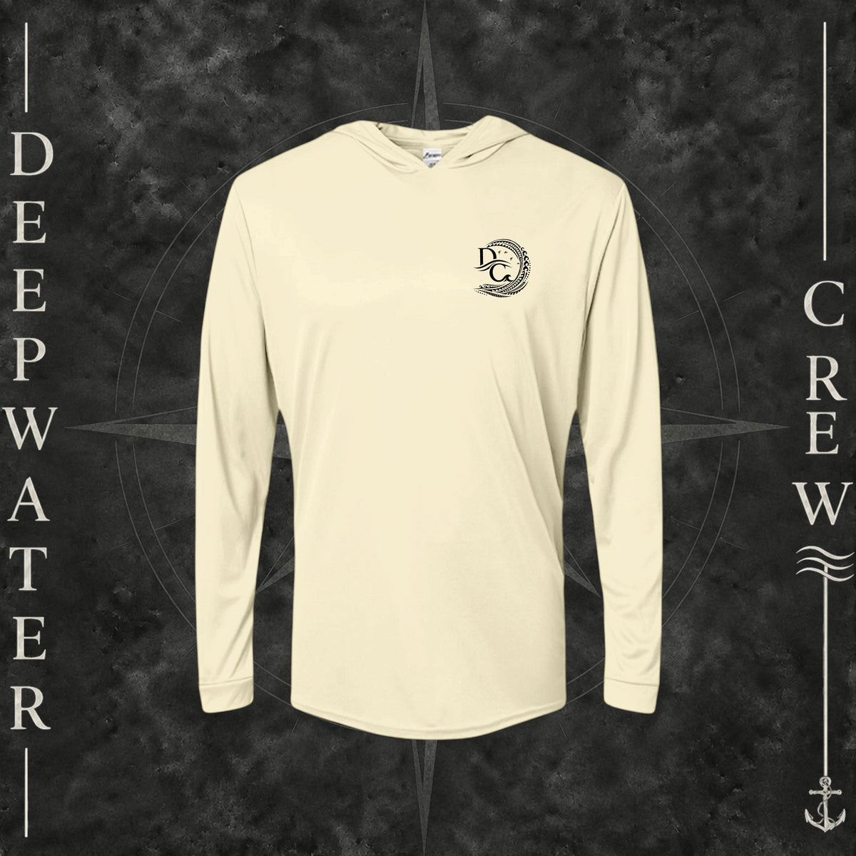 Pale Yellow Deepwater Crew Co. Deepwater Passage UPF 50+ performance hoodie, front view with small DC wave crest chest logo.