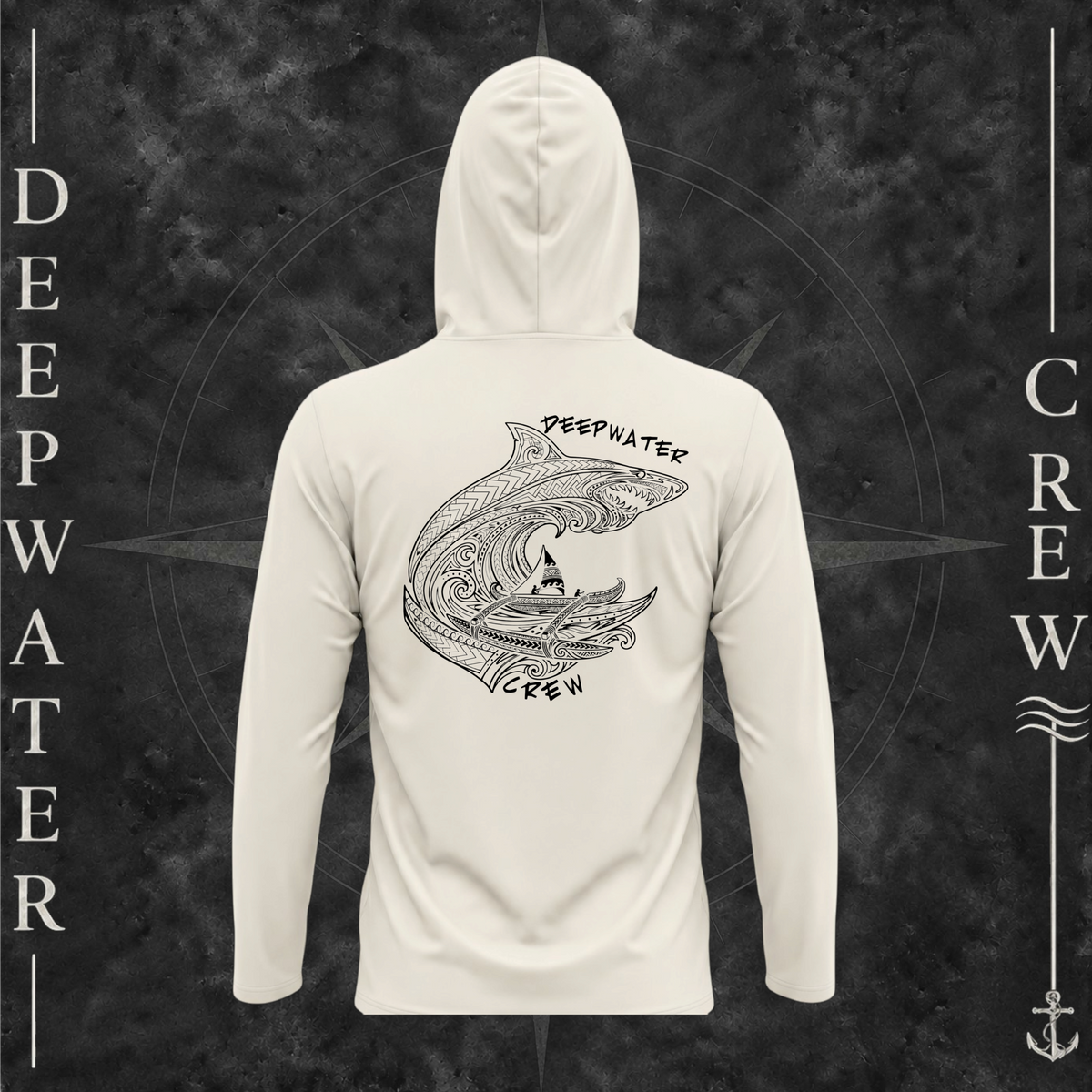 Sand Deepwater Crew Co. Deepwater Passage UPF 50+ performance hoodie, back view with large patterned shark, outrigger canoe and ocean wave graphic with Deepwater Crew lettering.