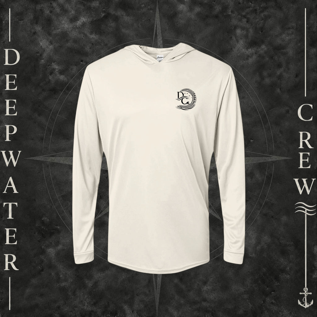 Sand Deepwater Crew Co. Deepwater Passage UPF 50+ performance hoodie, front view with small DC wave crest chest logo.