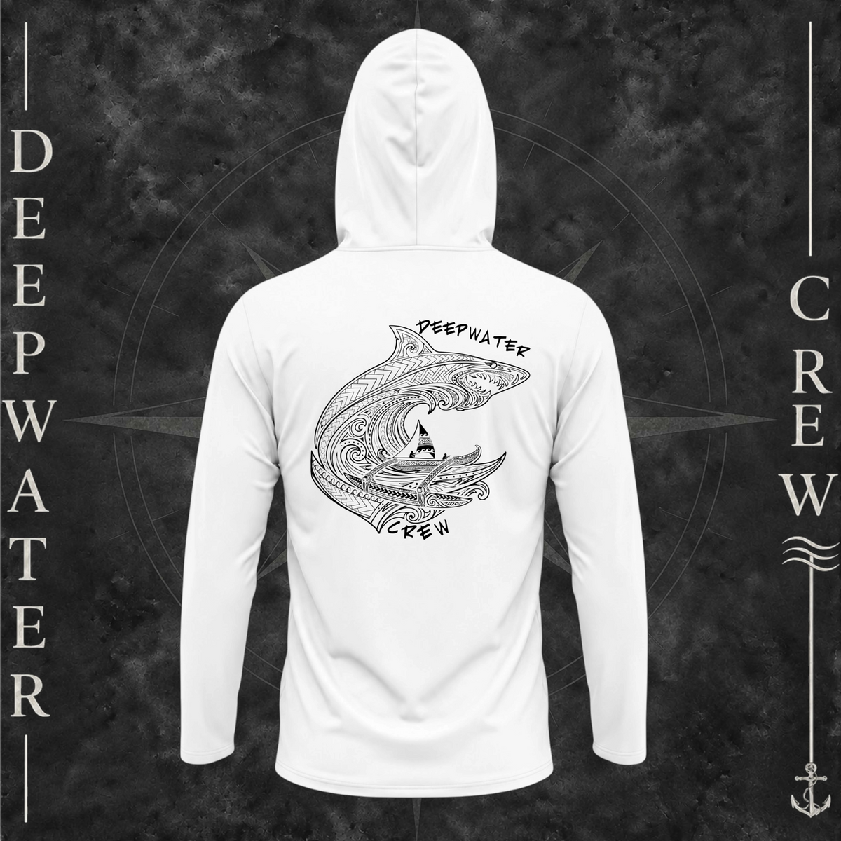 White Deepwater Crew Co. Deepwater Passage UPF 50+ performance hoodie, back view with large patterned shark, outrigger canoe and ocean wave graphic with Deepwater Crew lettering.