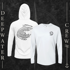 White Deepwater Crew Co. Deepwater Passage UPF 50+ performance hoodie showing front and back views, with small DC wave chest logo and large patterned shark, ocean wave, and outrigger canoe design with Deepwater Crew lettering.