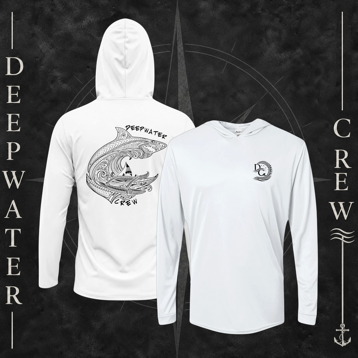 White Deepwater Crew Co. Deepwater Passage UPF 50+ performance hoodie showing front and back views, with small DC wave chest logo and large patterned shark, ocean wave, and outrigger canoe design with Deepwater Crew lettering.