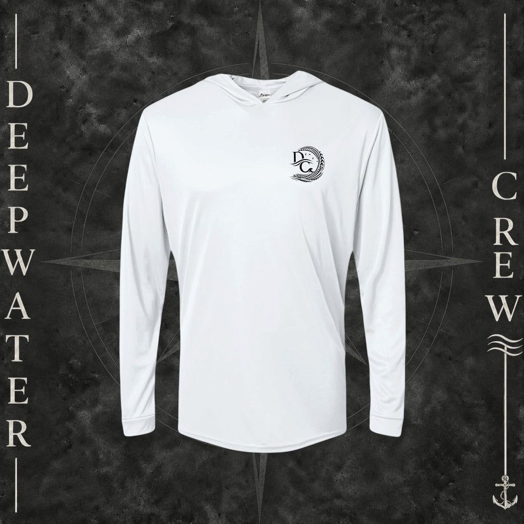 White Deepwater Crew Co. Deepwater Passage UPF 50+ performance hoodie, front view with small DC wave crest chest logo.