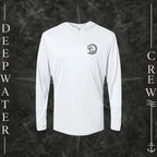 White Deepwater Crew Co. Deepwater Passage UPF 50+ performance hoodie, front view with small DC wave crest chest logo.