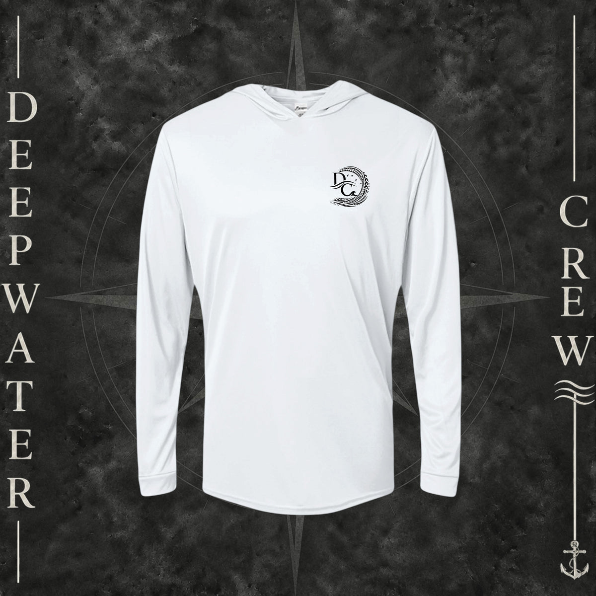 White Deepwater Crew Co. Deepwater Passage UPF 50+ performance hoodie, front view with small DC wave crest chest logo.