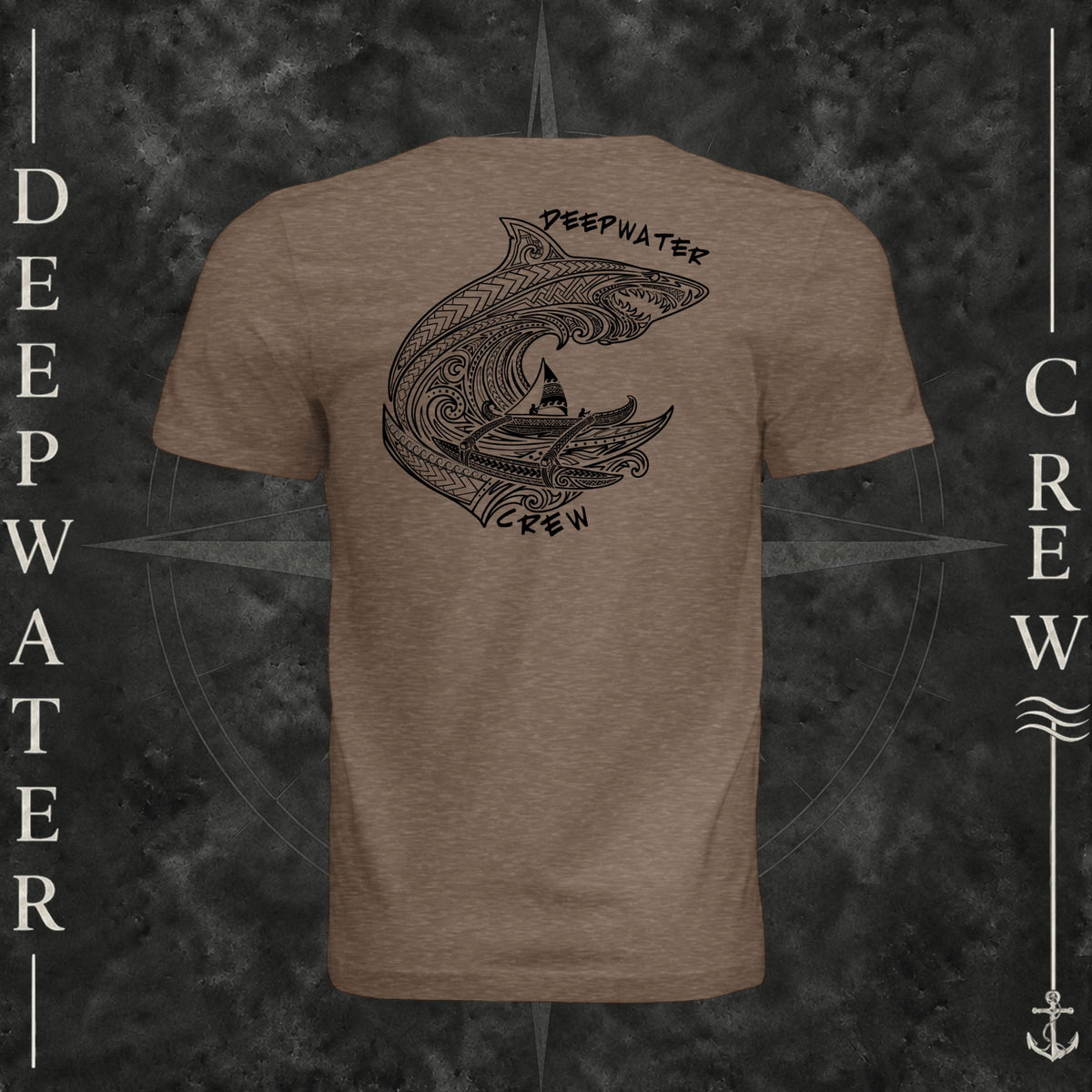 Vintage Brown Deepwater Crew Co. Deepwater Passage crewneck T-shirt, back view with large patterned shark, outrigger canoe and ocean wave graphic with Deepwater Crew lettering.