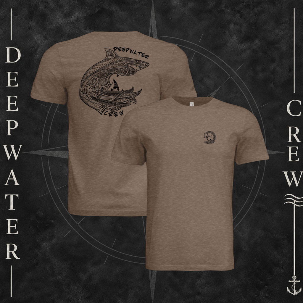 Vintage Brown Deepwater Crew Co. Deepwater Passage crewneck T-shirt showing front and back views, with small DC wave chest logo and large ocean life, rolling wave, and outrigger canoe design with Deepwater Crew lettering.