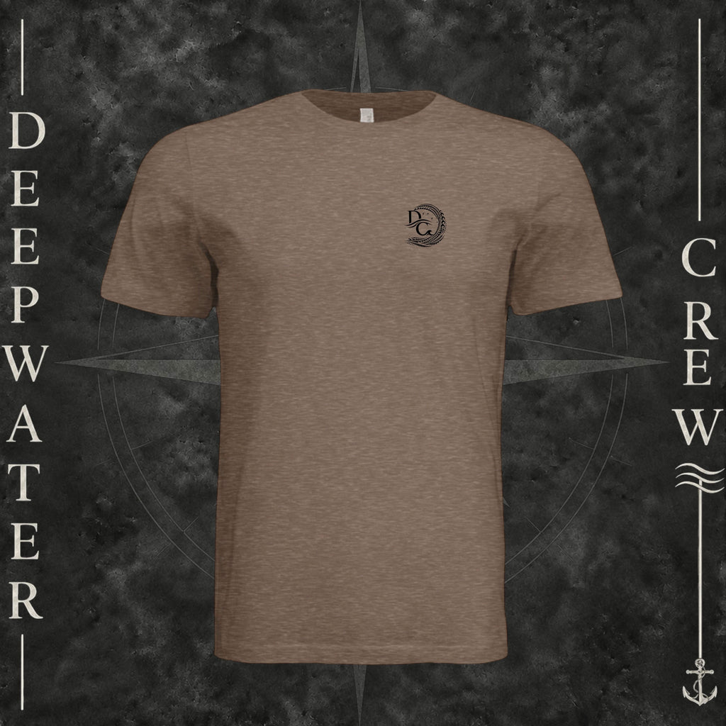 Vintage Brown Deepwater Crew Co. Deepwater Passage crewneck T-shirt, front view with small DC wave crest chest logo.