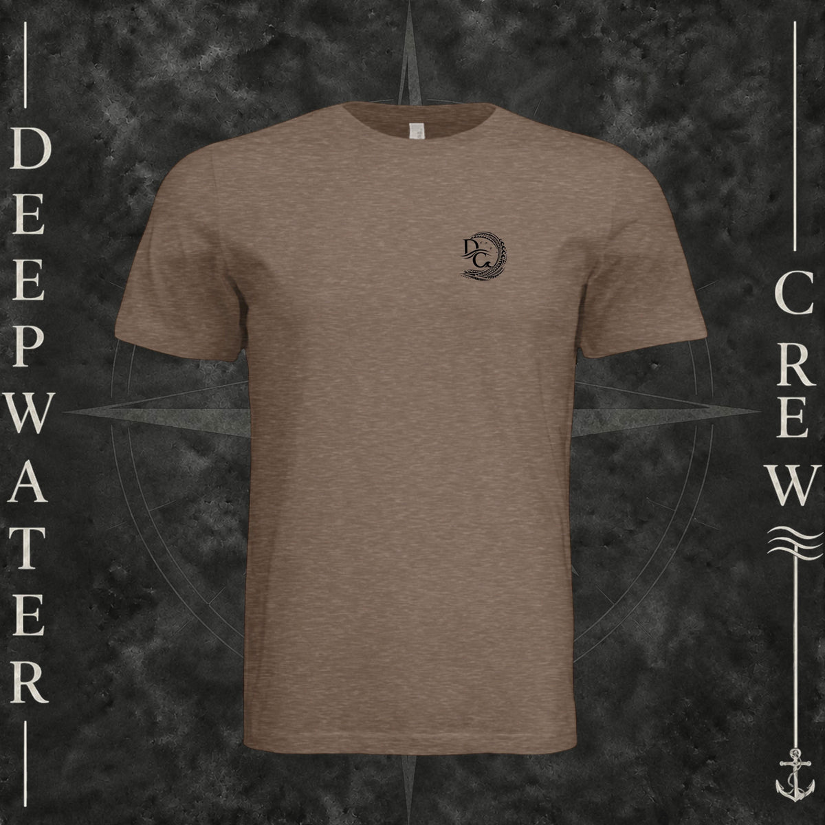 Vintage Brown Deepwater Crew Co. Deepwater Passage crewneck T-shirt, front view with small DC wave crest chest logo.