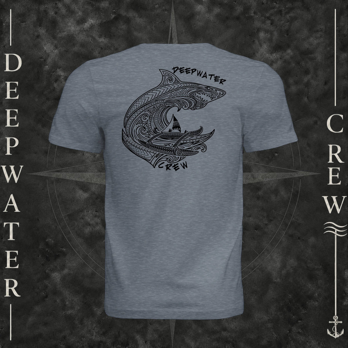 Vintage Denim Deepwater Crew Co. Deepwater Passage crewneck T-shirt, back view with large patterned shark, outrigger canoe and ocean wave graphic with Deepwater Crew lettering.