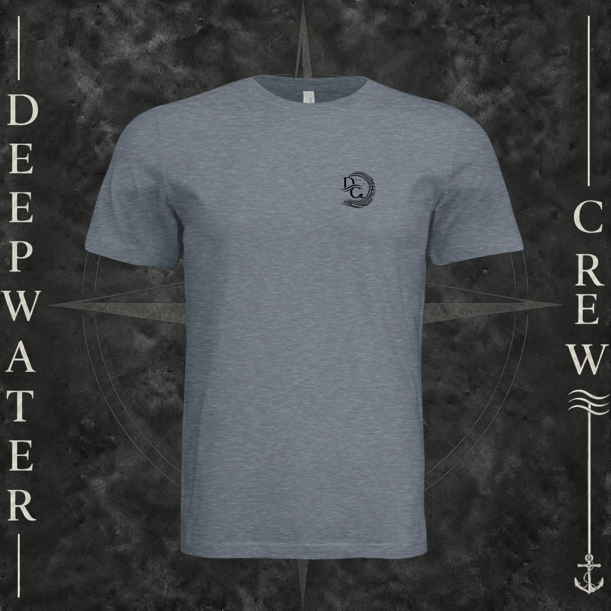 Vintage Denim Deepwater Crew Co. Deepwater Passage crewneck T-shirt, front view with small DC wave crest chest logo.