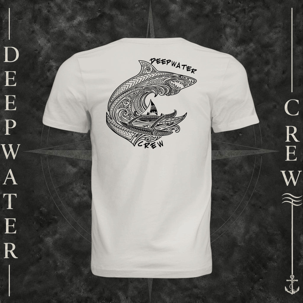 Vintage White Deepwater Crew Co. Deepwater Passage crewneck T-shirt, back view with large patterned shark, outrigger canoe and ocean wave graphic with Deepwater Crew lettering.