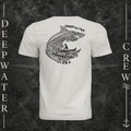 Vintage White Deepwater Crew Co. Deepwater Passage crewneck T-shirt, back view with large patterned shark, outrigger canoe and ocean wave graphic with Deepwater Crew lettering.