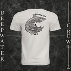 Vintage White Deepwater Crew Co. Deepwater Passage crewneck T-shirt, back view with large patterned shark, outrigger canoe and ocean wave graphic with Deepwater Crew lettering.