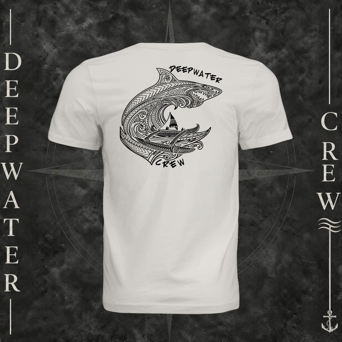 Vintage White Deepwater Crew Co. Deepwater Passage crewneck T-shirt, back view with large patterned shark, outrigger canoe and ocean wave graphic with Deepwater Crew lettering.