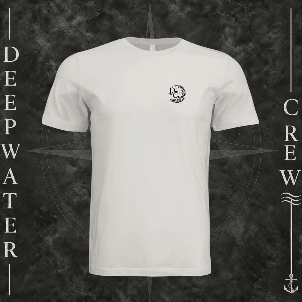 Vintage White Deepwater Crew Co. Deepwater Passage crewneck T-shirt, front view with small DC wave crest chest logo.