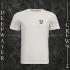 Vintage White Deepwater Crew Co. Deepwater Passage crewneck T-shirt, front view with small DC wave crest chest logo.