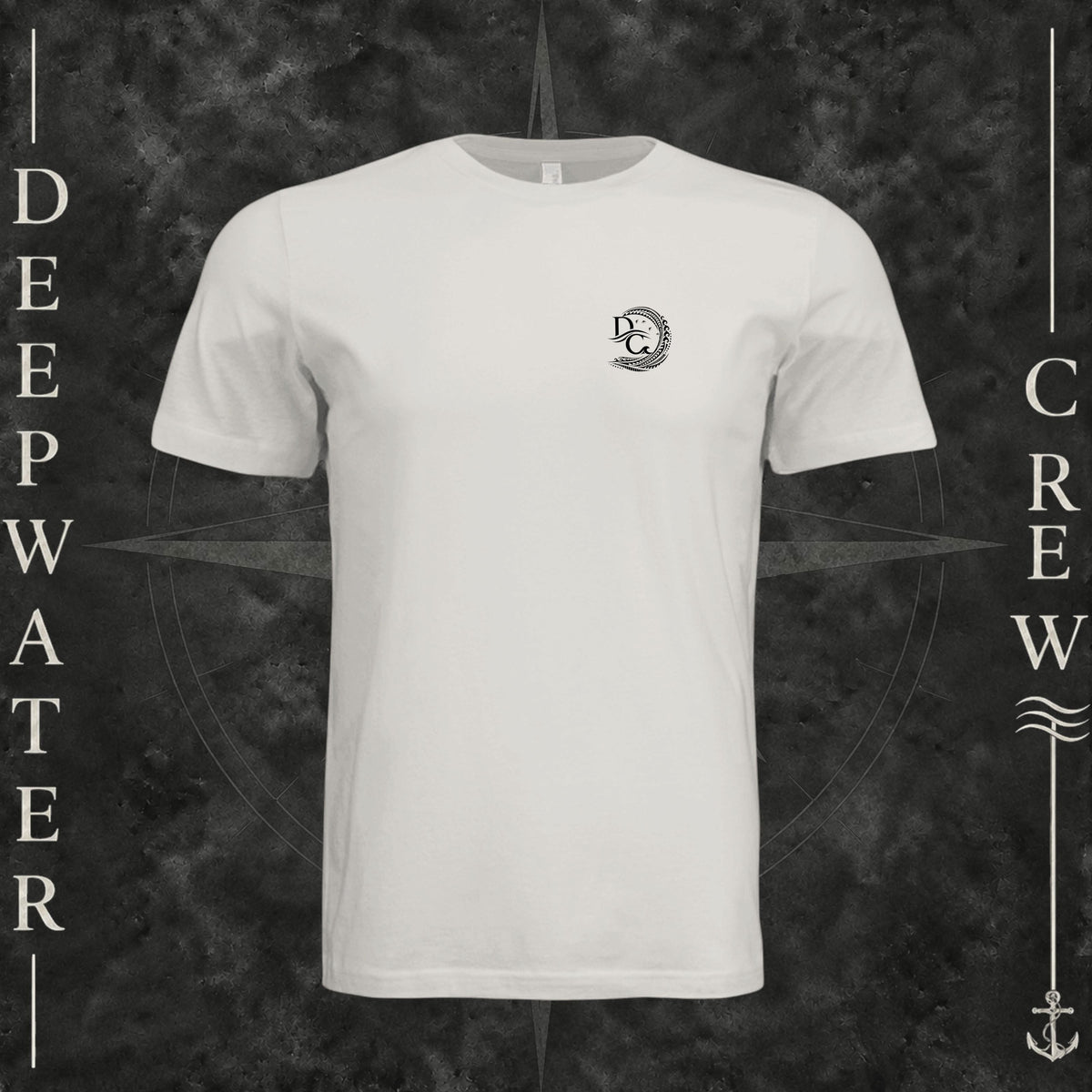 Vintage White Deepwater Crew Co. Deepwater Passage crewneck T-shirt, front view with small DC wave crest chest logo.