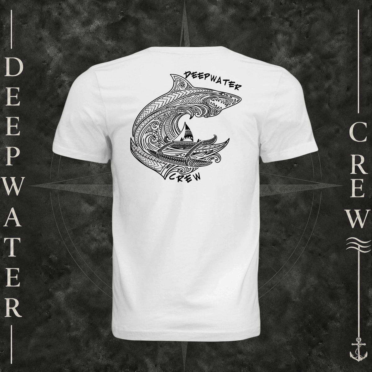 White Deepwater Crew Co. Deepwater Passage crewneck T-shirt, back view with large patterned shark, outrigger canoe and ocean wave graphic with Deepwater Crew lettering.