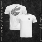 White Deepwater Crew Co. Deepwater Passage crewneck T-shirt showing front and back views, with small DC wave chest logo and large ocean life, rolling wave, and outrigger canoe design with Deepwater Crew lettering.