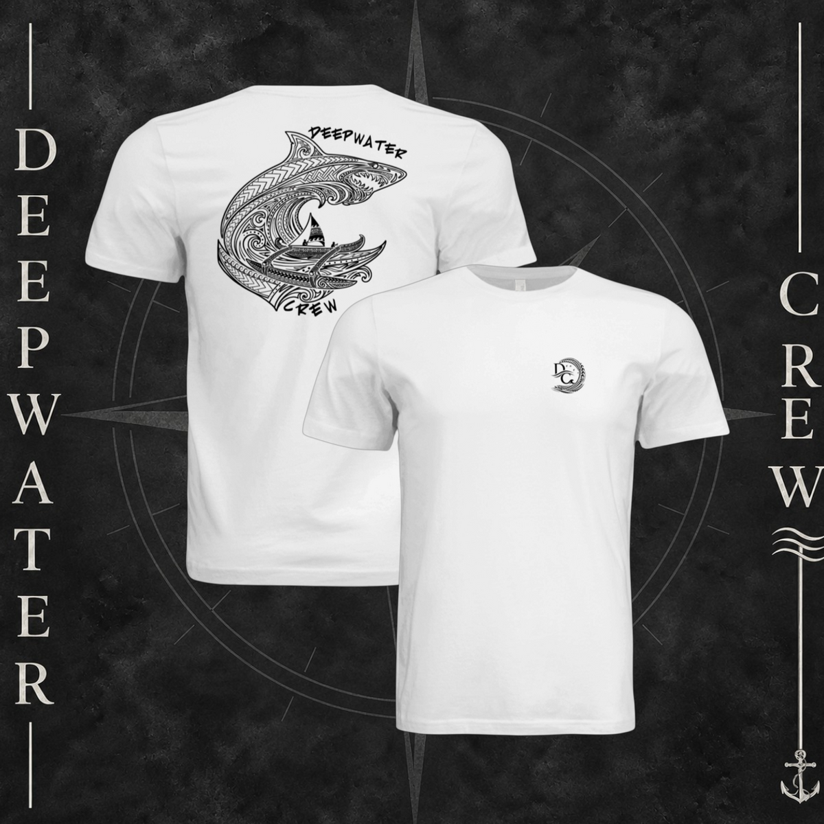 White Deepwater Crew Co. Deepwater Passage crewneck T-shirt showing front and back views, with small DC wave chest logo and large ocean life, rolling wave, and outrigger canoe design with Deepwater Crew lettering.