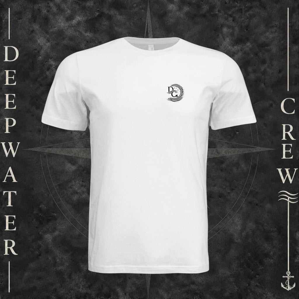 White Deepwater Crew Co. Deepwater Passage crewneck T-shirt, front view with small DC wave crest chest logo.