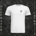 White Deepwater Crew Co. Deepwater Passage crewneck T-shirt, front view with small DC wave crest chest logo.
