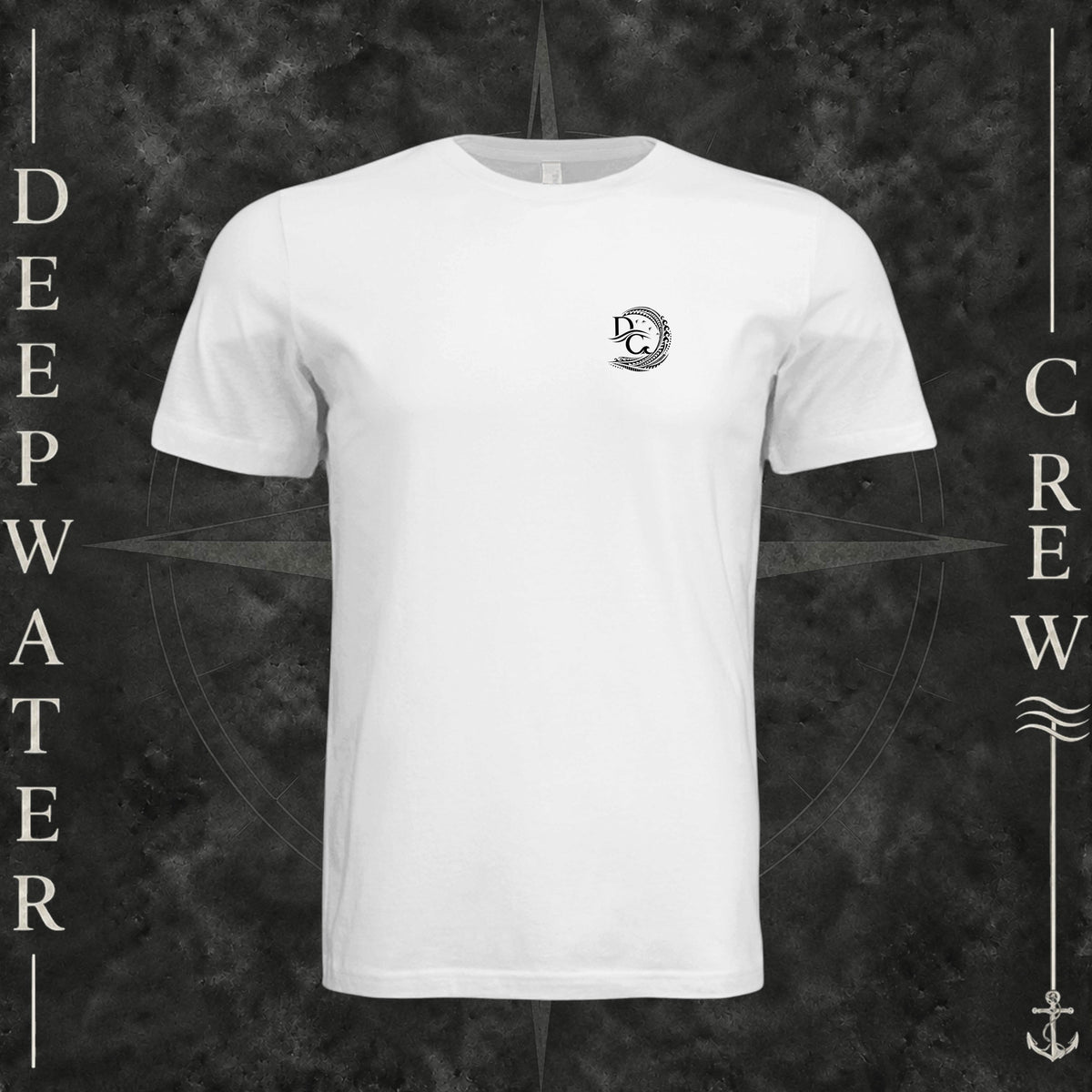 White Deepwater Crew Co. Deepwater Passage crewneck T-shirt, front view with small DC wave crest chest logo.