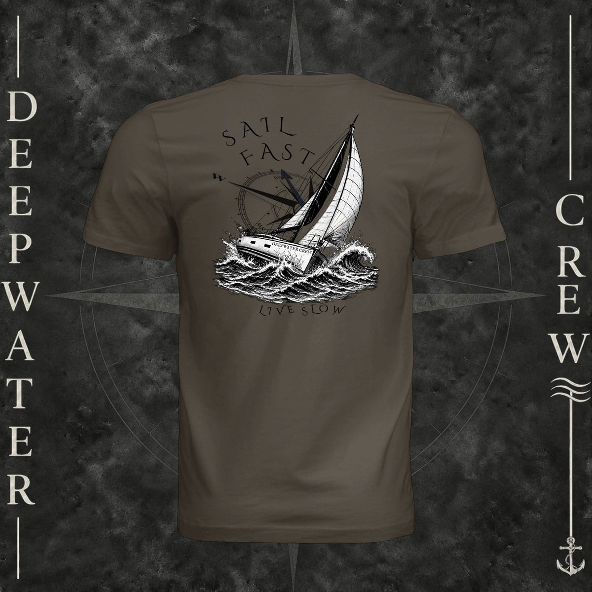 Army Deepwater Crew Co. Fast & Free crewneck T-shirt, back view with large sailboat, ocean wave and compass graphic featuring “Sail Fast Live Slow” lettering.