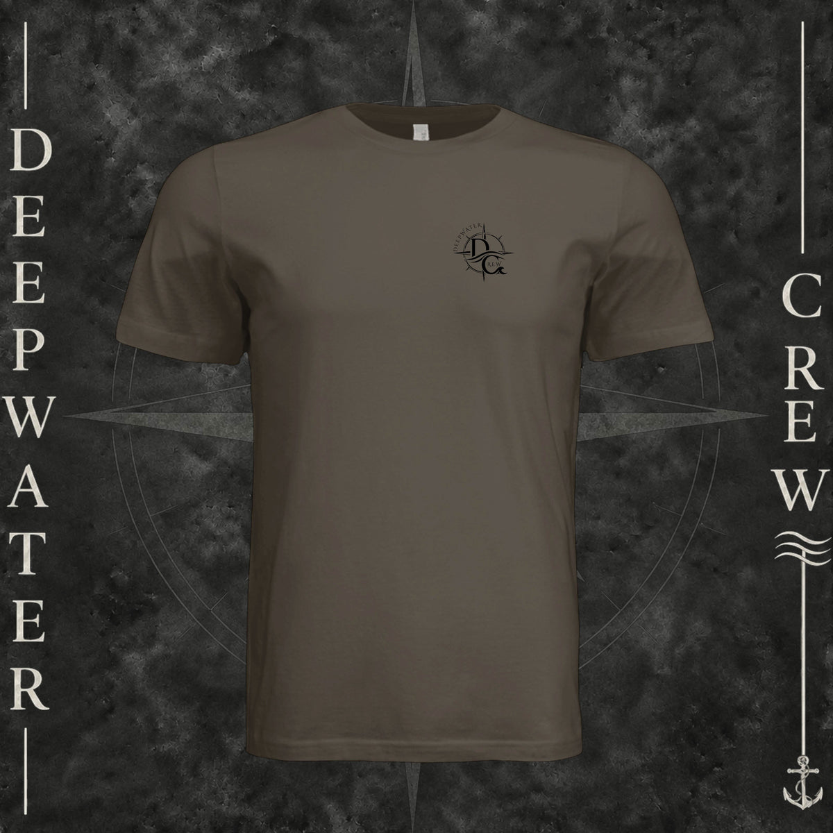 Army Deepwater Crew Co. Fast & Free crewneck T-shirt, front view with small DC compass crest chest logo.