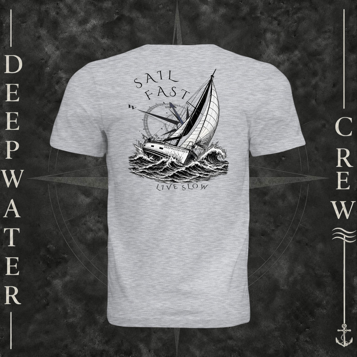Ash Deepwater Crew Co. Fast & Free crewneck T-shirt, back view with large sailboat, ocean wave and compass graphic featuring “Sail Fast Live Slow” lettering.