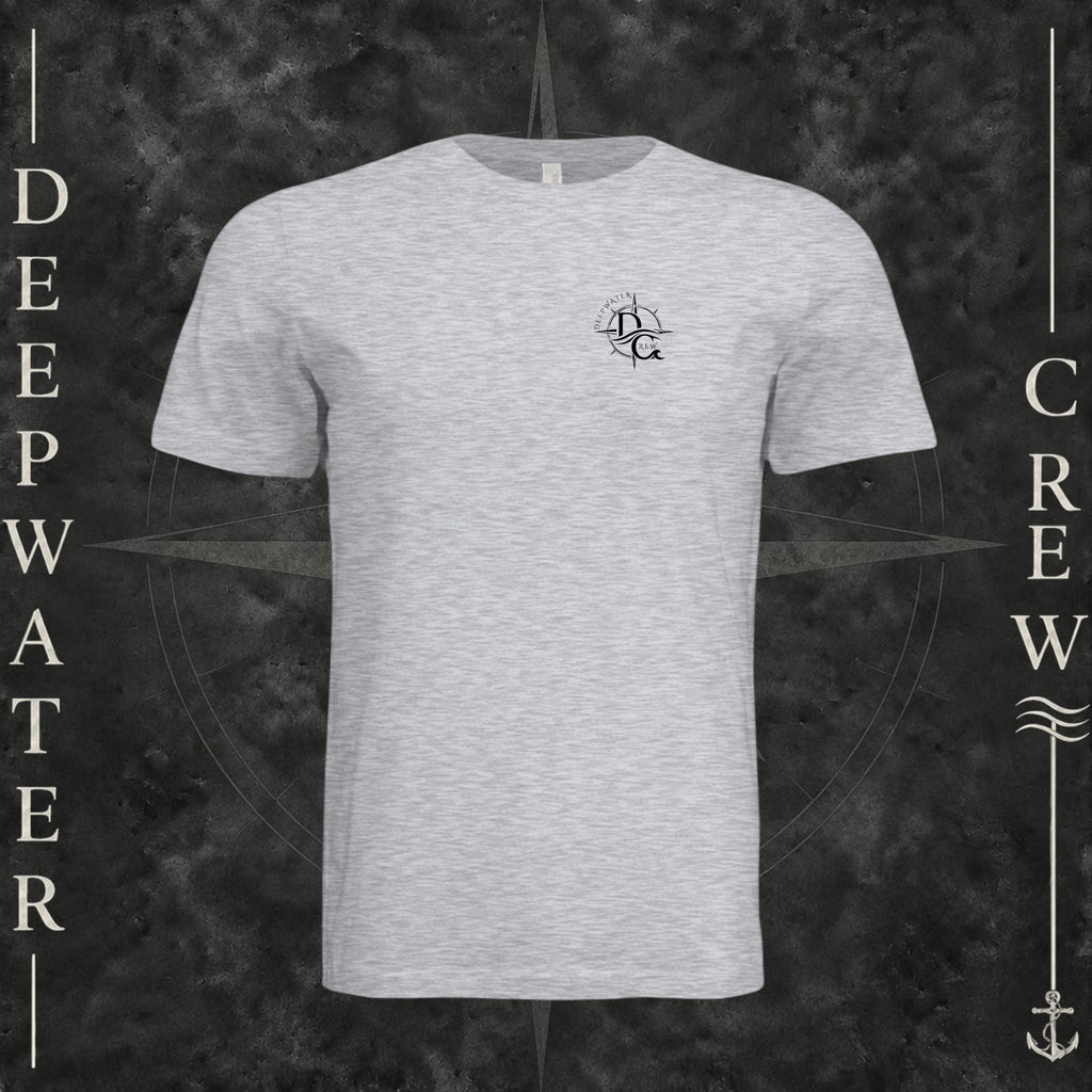 Ash Deepwater Crew Co. Fast & Free crewneck T-shirt, front view with small DC compass crest chest logo.